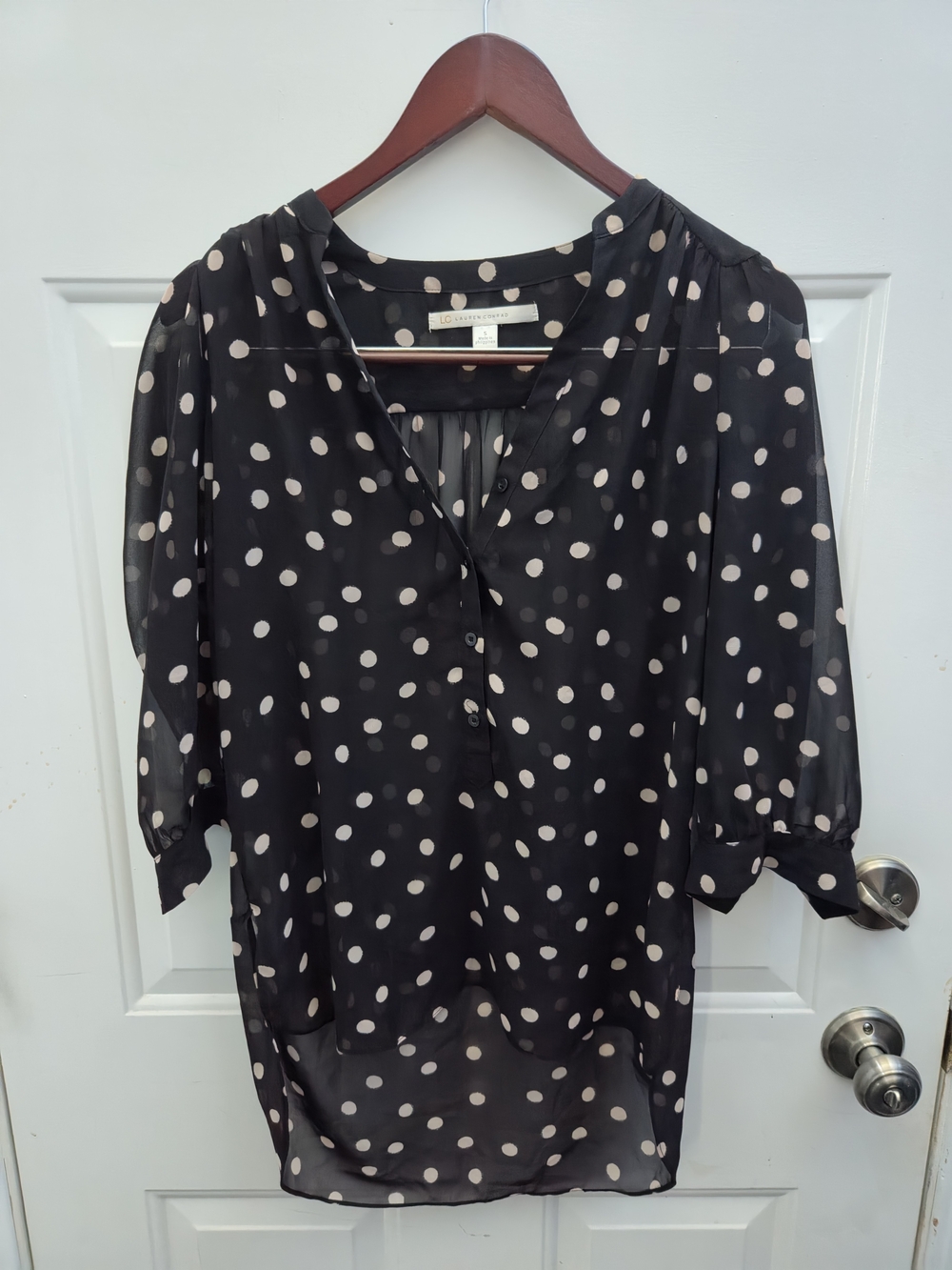 Polka Dot V-Neck Black Blouse with Cream Dots